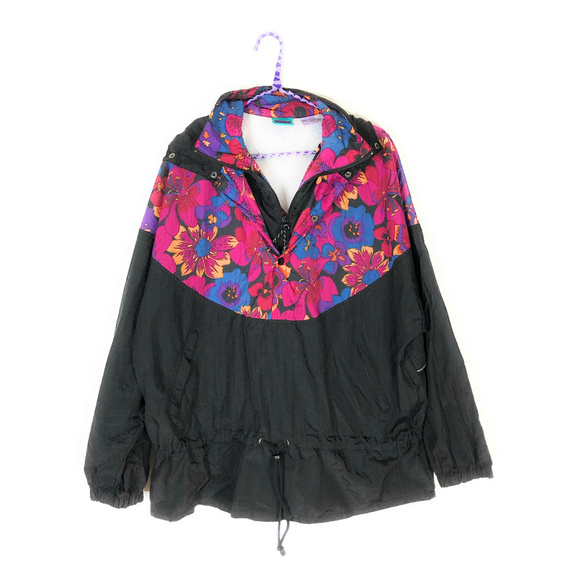 Vintage Black Floral Pullover Windbreaker Large - Picture 1 of 4